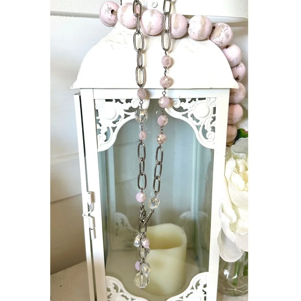 Silver-tone oval link chain accents, soft light pink faceted beads